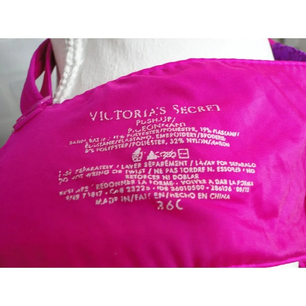 Victoria's Secret Hot‎ Pink Purple Lace Trim PUSH-UP Padded Bra 3601050 36C